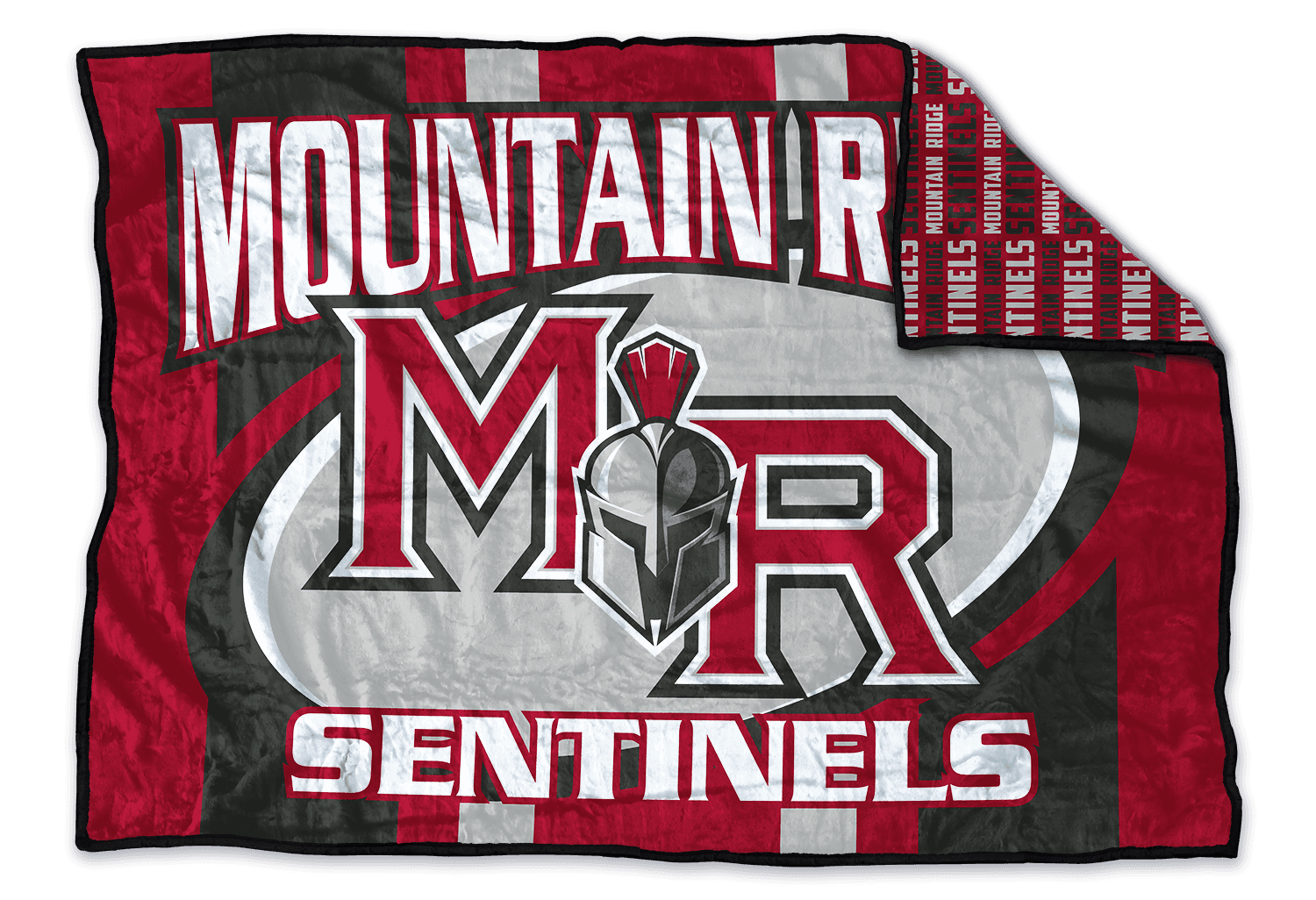 Mountain Ridge Sentinels custom blanket design A: bold MOUNTAIN R wordmark with the MR helmet logo on a red and black backdrop