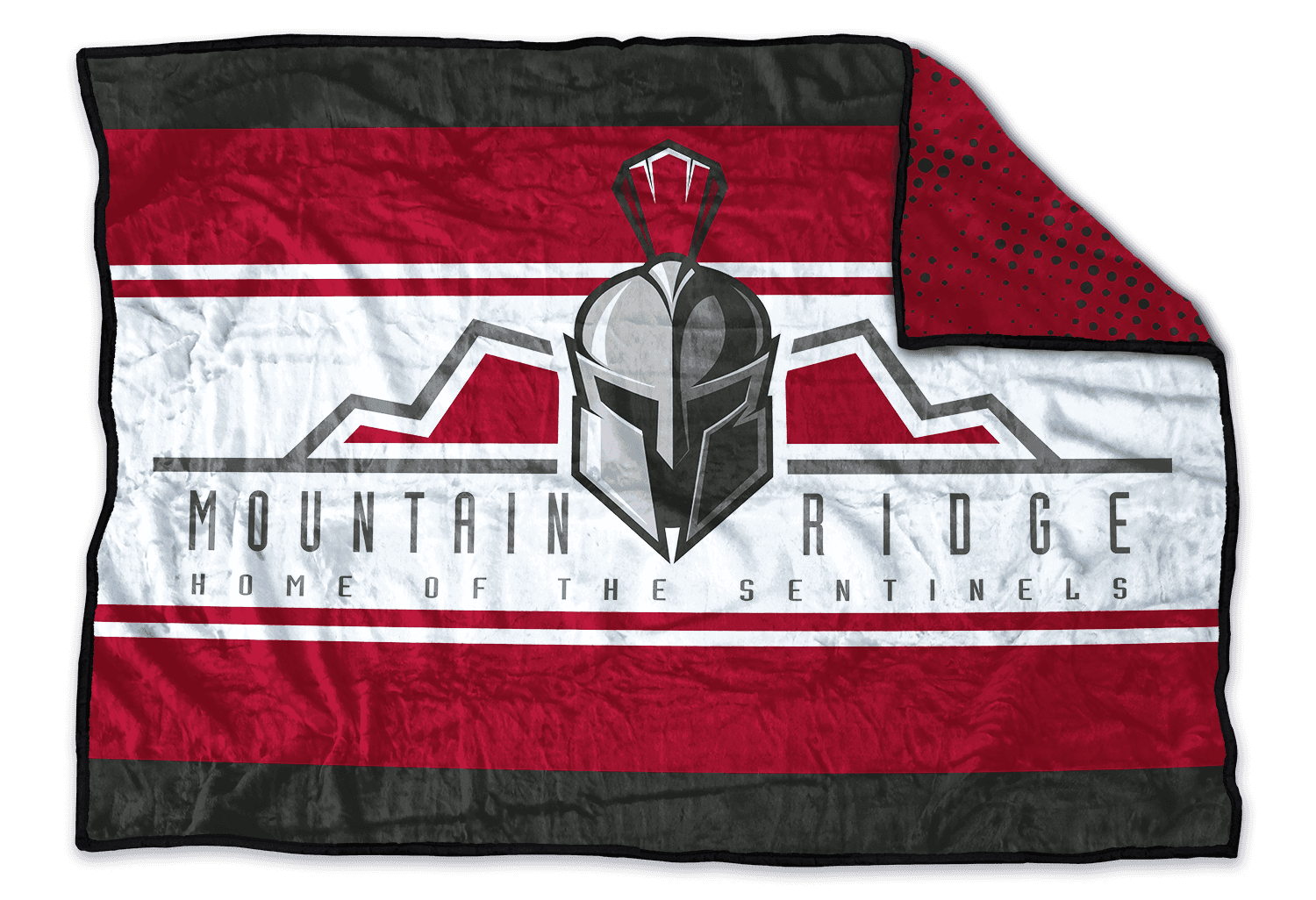 Mountain Ridge Sentinels custom blanket design C: clean MOUNTAIN RIDGE / HOME OF THE SENTINELS wordmark with mountain silhouette and helmet