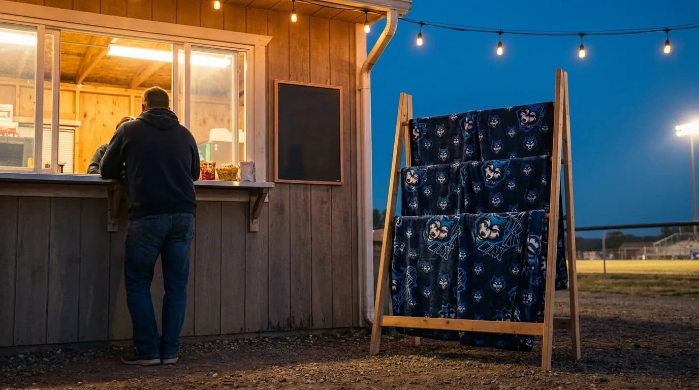 Wooden display rack of navy mascot blankets standing beside the concession stand under string lights at a night game