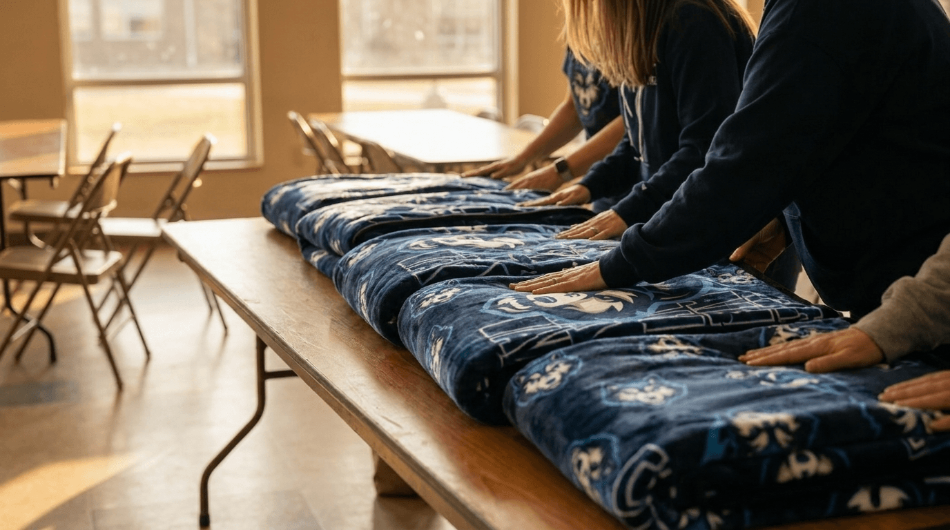 Volunteers fanning freshly delivered navy mascot blankets across a long folding table in the school commons