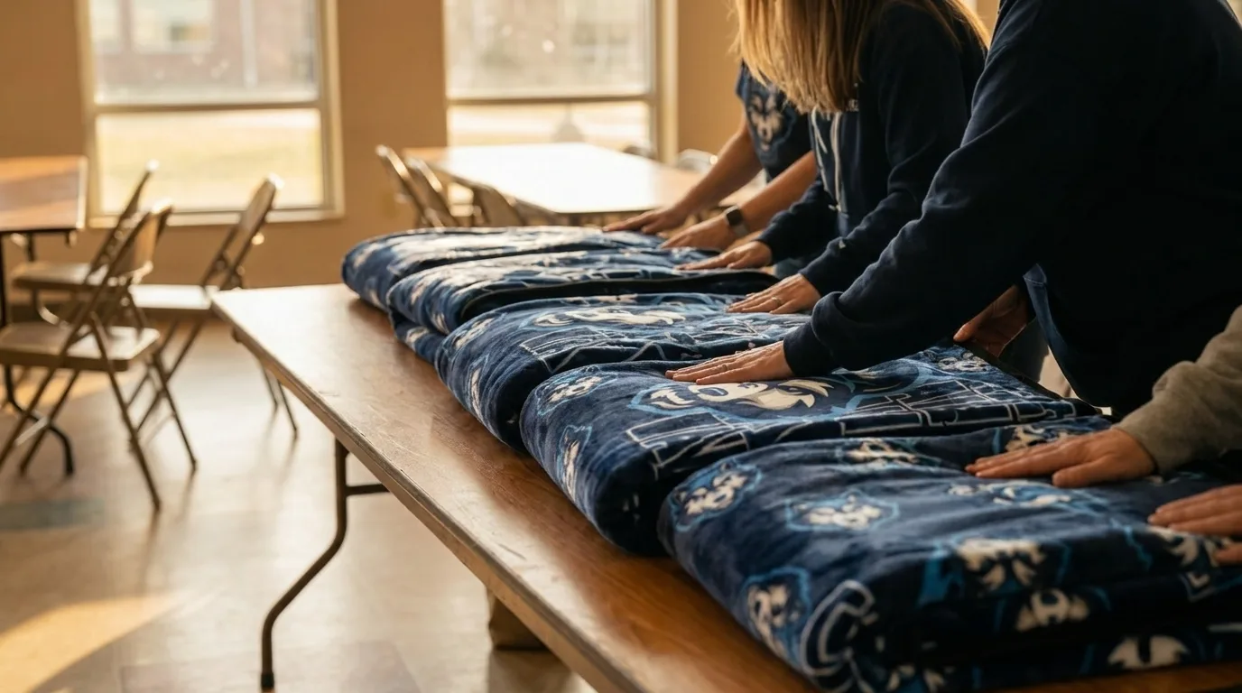 Volunteers fanning freshly delivered navy mascot blankets across a long folding table in the school commons