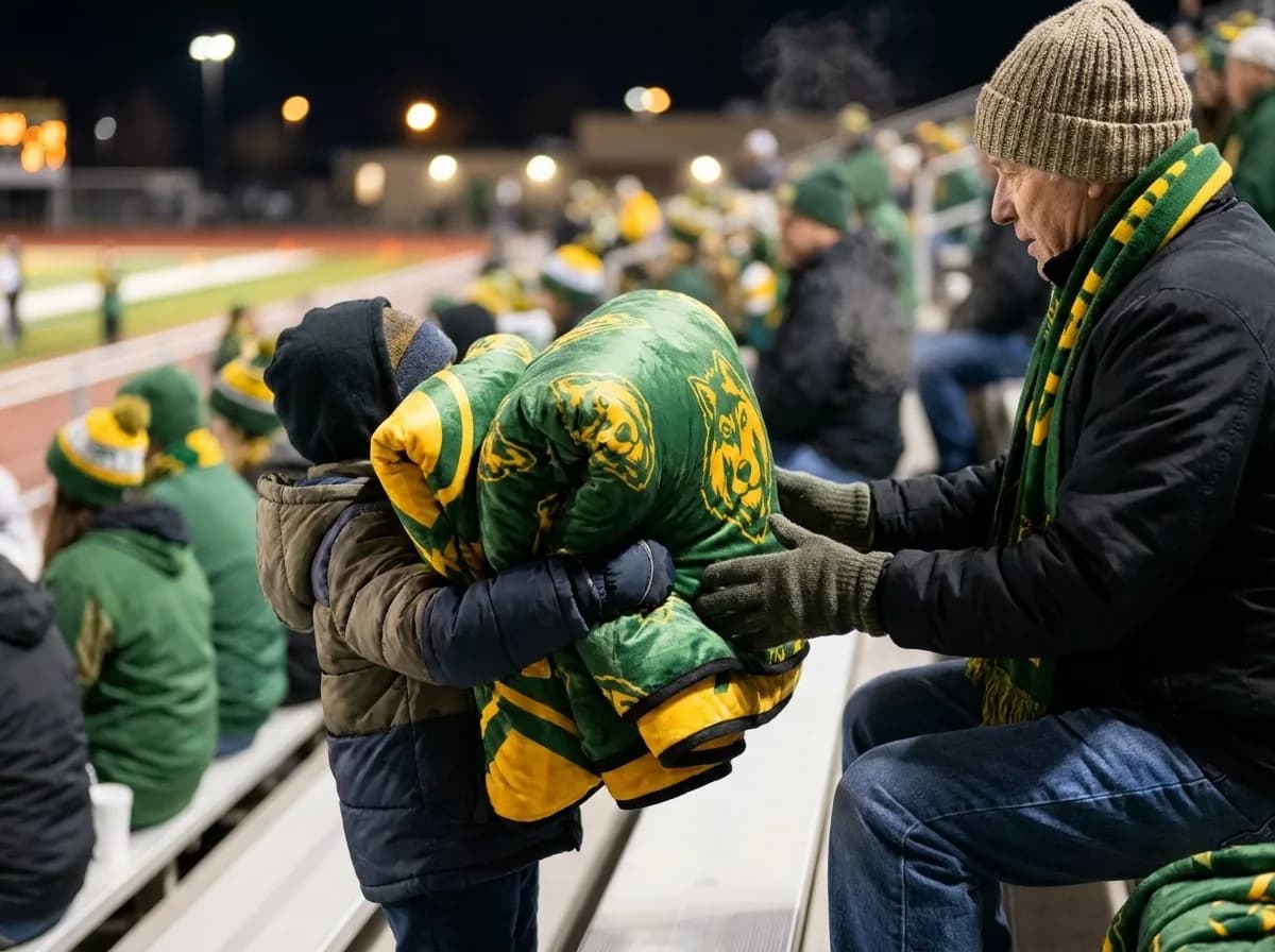 A grandfather wrapping his grandchild in a green and gold mascot blanket in the bleachers on a cold game night