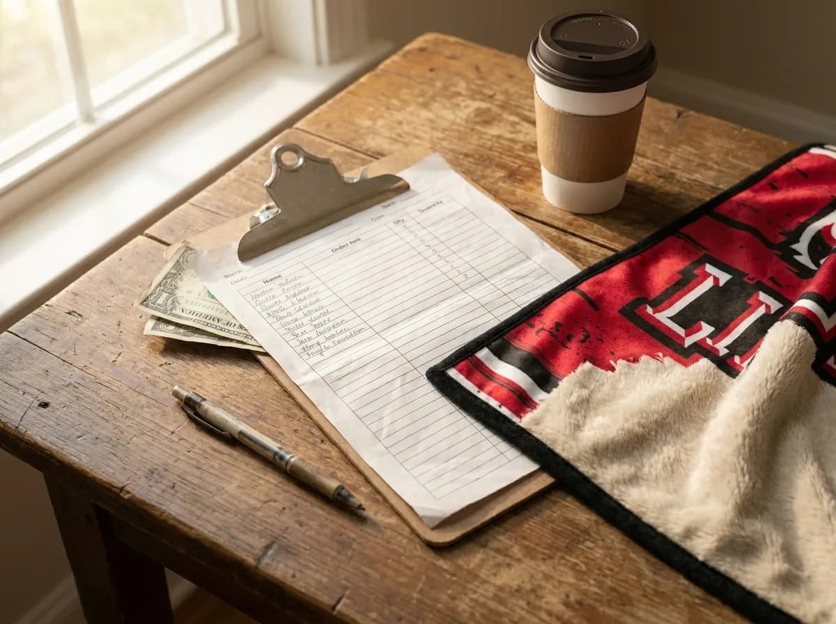 Paper order sheet on a clipboard with cash and a coffee beside a folded red and white mascot blanket on a wooden desk