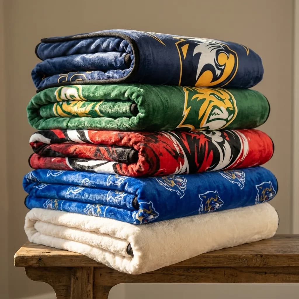 Stack of folded plush mascot blankets in five different school color combinations on a wooden bench