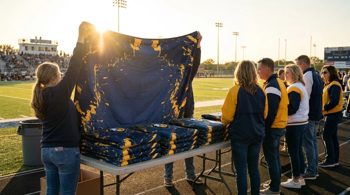 Boosters holding a navy and gold mascot blanket open above a folded stack at a sunset presale table beside the football field